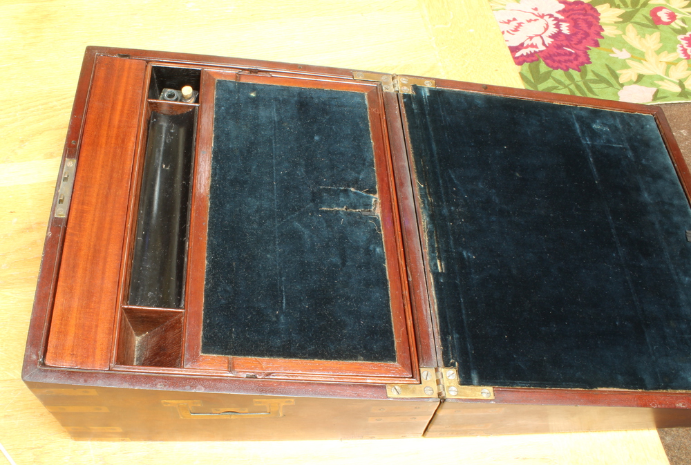 A Georgian mahogany and brass banded writing slope with hinged lid and secret drawer 18cm h x 35cm w - Image 10 of 14