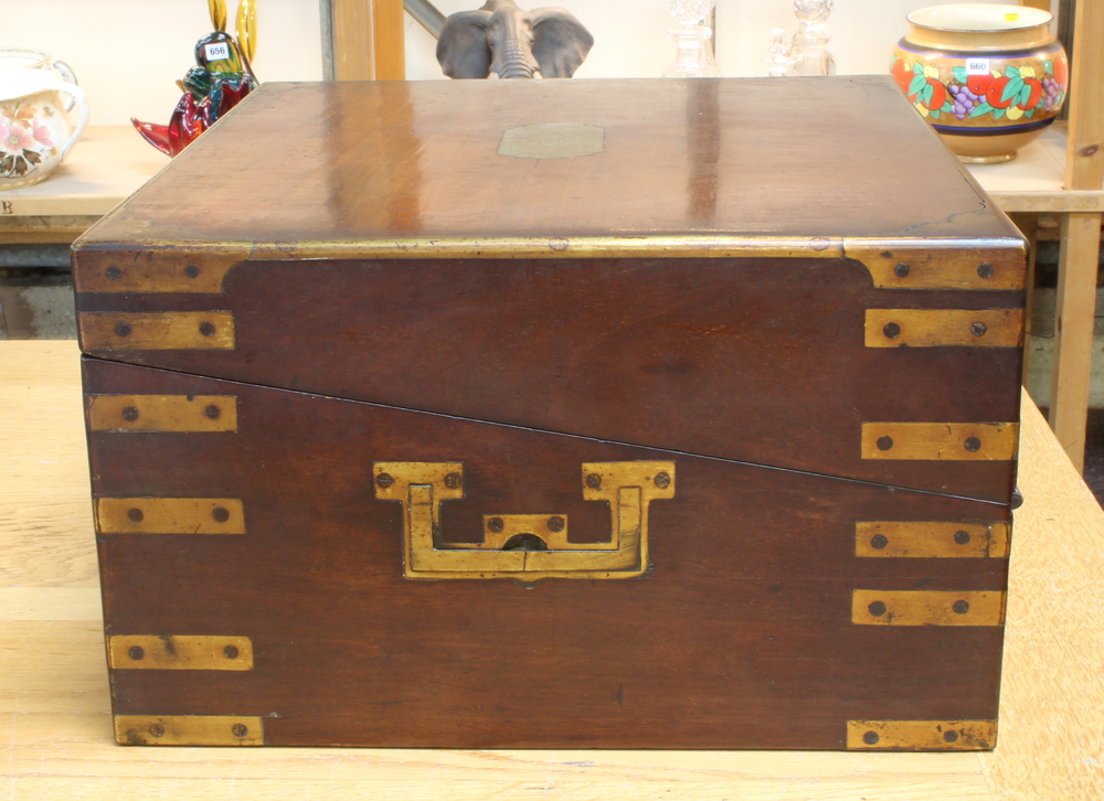 A Georgian mahogany and brass banded writing slope with hinged lid and secret drawer 18cm h x 35cm w - Image 8 of 14