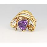 A 14ct yellow gold amethyst and diamond spray brooch, 40mm, 16.9 grams