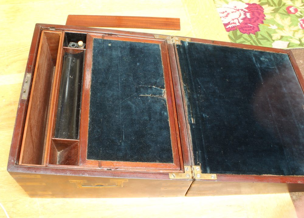 A Georgian mahogany and brass banded writing slope with hinged lid and secret drawer 18cm h x 35cm w - Image 11 of 14