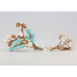 A 14ct yellow gold pearl floral brooch 3.2 grams gross, a ditto yellow gold turquoise and pearl