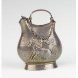A Continental silver repousse flask decorated with horses, 10cm, 115 grams