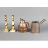 A pair of Victorian brass candlesticks 23cm, an oak and copper banded coopered jug 19cm h x 12cm,