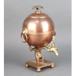 A Regency globular shaped copper tea urn supported by a figure of Atlas, raised on a square base