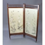 A Victorian walnut 2 fold screen with bobbin turned decoration and silk panels decorated birds 150cm