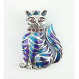 A silver ruby and plique a jour cat brooch pendant 4cm