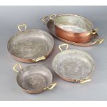 An oval copper and brass West German twin handled saucepan 8cm h x 21cm x 15cm, ditto dish 3cm x