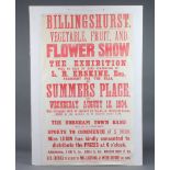 An Edwardian poster for The Billingshurst Vegetable, Fruit and Flower Show at Summers Place on
