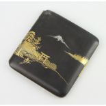 A Japanese inlaid metal cigarette case decorated a view of Mount Fuji signed Kiyoshi