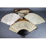 A carved Cantonese ivory fans, a collection of bone, ivory and mother of pearl lacquer fans