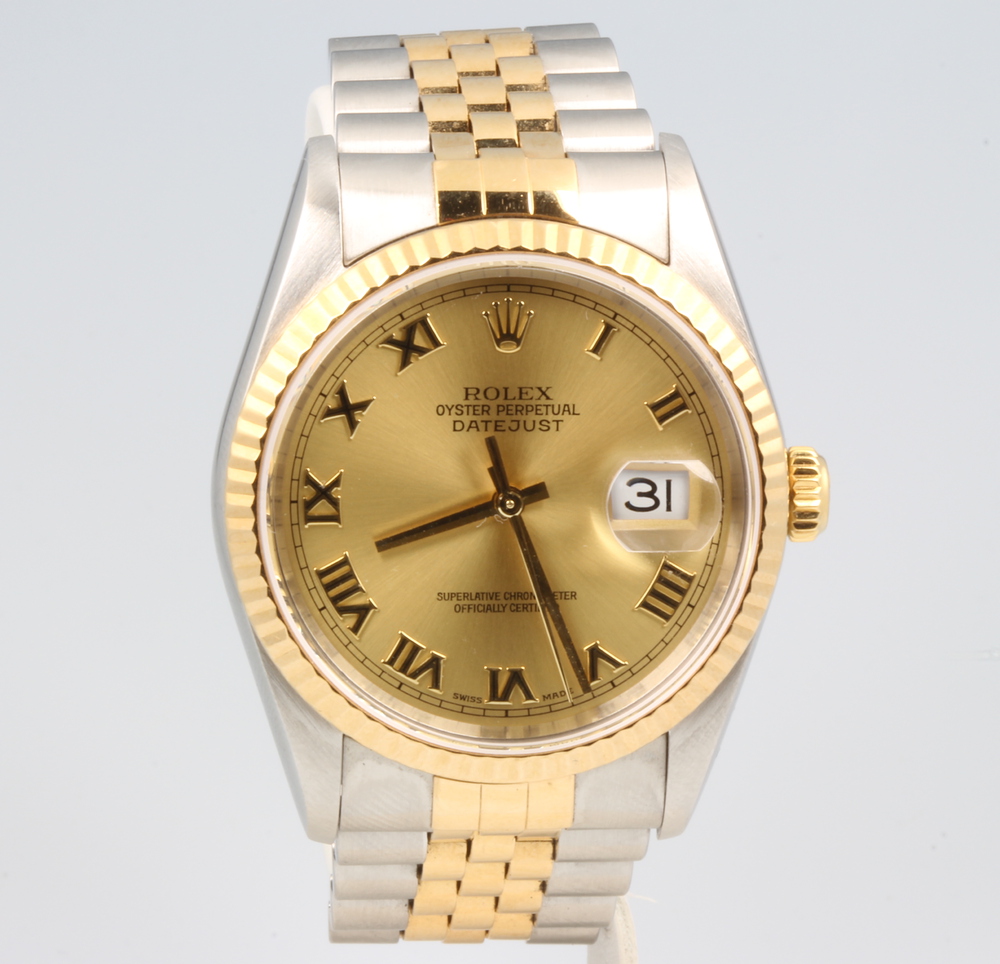 A gentleman's Rolex Oyster perpetual datejust calendar wristwatch, contained on a bi-metallic