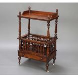 A Victorian figured walnut Canterbury what-not, the upper section with 3/4 gallery, the base