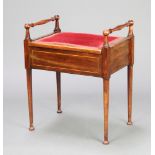 An Edwardian Art Nouveau inlaid mahogany box seat piano stool raised on turned supports 60cm h x