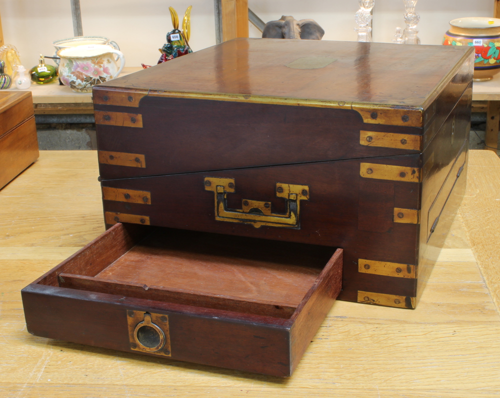 A Georgian mahogany and brass banded writing slope with hinged lid and secret drawer 18cm h x 35cm w - Image 6 of 14