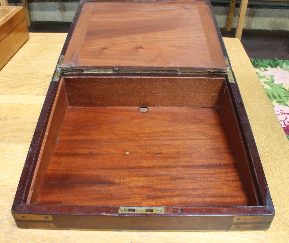 A Georgian mahogany and brass banded writing slope with hinged lid and secret drawer 18cm h x 35cm w - Image 9 of 14