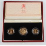A cased 500th anniversary 1489-1989 gold proof sovereign 3 coin set, comprising half sovereign,