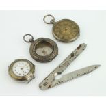 A silver cased wristwatch, a fob watch, fob watch case and pen knife None of the watches are working