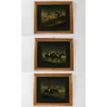 Three 19th Century style prints on glass, hunting scenes, contained in maple effect frames 22cm x