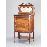 A Victorian inlaid rosewood music cabinet, the raised back fitted a heart shaped bevelled plate