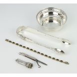 A pair of Victorian silver Kings pattern sugar tongs London 1824, ditto bowl, cigar cutter, pocket