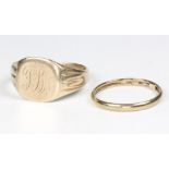 A gentleman's 9ct yellow gold signet ring (cut), a ditto wedding band size N, 4.8 grams