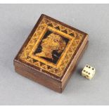 A Victorian rectangular Tunbridge Ware stamp box the lid inlaid a penny black 2cm x 4cm x 3.5cm