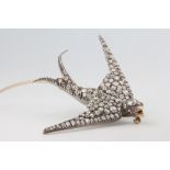 An Edwardian yellow gold diamond brooch in the form of a swallow, set with brilliant cut diamonds,