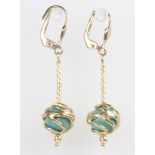 A pair of 9ct yellow gold turquoise drop earrings 30mm