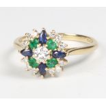 A 9ct yellow gold diamond, emerald and sapphire cluster ring, 3.5 grams, size O 1/2
