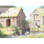 Edward Hursey (b.1948), oil on canvas signed, ducks in a stream before disused farm buildings 29cm x