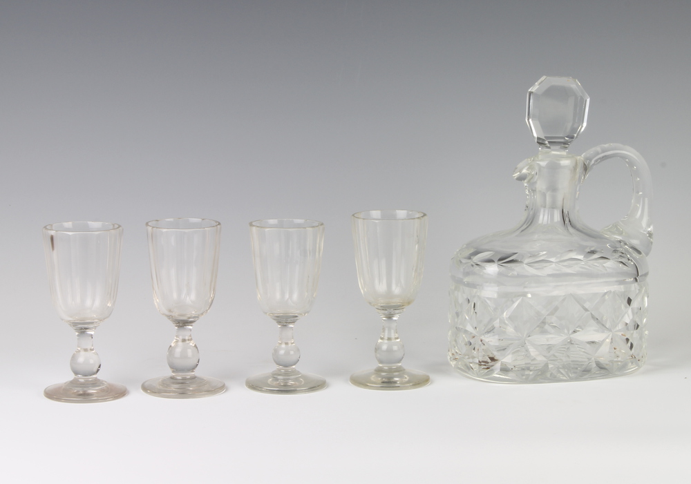 A cut glass oval ewer and stopper 21cm, 4 19th Century sherry glasses 12cm