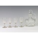 A cut glass oval ewer and stopper 21cm, 4 19th Century sherry glasses 12cm