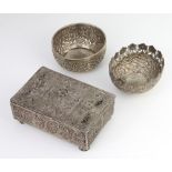 An Indian filigree silver rectangular box raised on scroll feet 13cm, 2 ditto bowls 602 grams