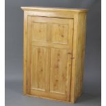 A Victorian pine cabinet with moulded cornice, the interior fitted shelves enclosed by a panelled