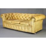 A bleached green leather 3 seat Chesterfield upholstered in buttoned leather 68cm h x 211cm w x 84cm
