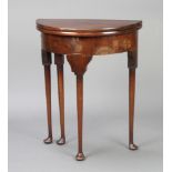 A Georgian style mahogany demi-lune card table with hinged lid, raised on club supports 75cm h x