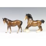 A Beswick figure Cantering Shire, brown gloss no. H975 22.2cm together with a mare facing left no.