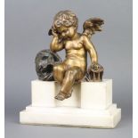 After Aug Moreau, a bronze figure of a seated cherub contemplating mortality raised on a stepped