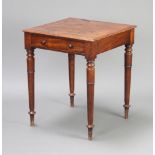 A Victorian square mahogany side table fitted a frieze drawer with tore handles, raised on turned