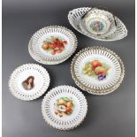 A pair of Edwardian tazza print ribbon plates decorated with fruits 23cm, 9 others, 2 dishes and a