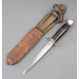 A Boy Scout type double bladed knife with 14.5cm blade and leather scabbard