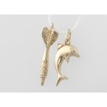 Two 9ct yellow gold charms of a dolphin and a dart, 1.7 grams