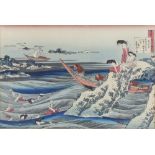 Hokusai (1760-1849), wood cut print, women diving for awabi off the coast of Ise, signed 24cm x 36cm