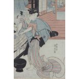 Kunisada (1786-1865), wood cut print, study of a geisha, signed 35cm x 23cm This print is faded
