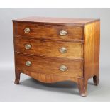 A Georgian mahogany bow front chest of 3 drawers with brass plate drop handles and escutcheons,