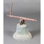 A 19th Century cast bronze bell 24cm x 25cm with part iron cradleThe bell is missing its clapper and