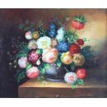 20th Century oil on board unsigned, still life study, vase of spring flowers 49cm x 59cm