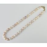 A string of 2 colour cultured pearls with an 18ct yellow gold clasp 44cm