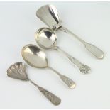 A George IV silver kings pattern caddy spoon and 3 others, 90 grams