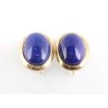 A pair of 18ct yellow gold oval cabochon cut lapis lazuli ear clips 8.3 grams, 16mm